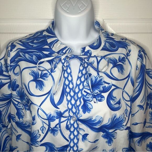 LINA TOMEI Italy Long Sleeve Cotton Baroque Drop Waist Dress Blue Floral M NWT - Picture 6 of 13